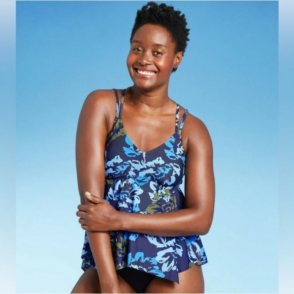 🌸Kona Sol Women's Floral Print Sleeveless Double Strap Tankini Top Blue